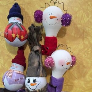 #9 Set Of 5 Festive Handmade Snowman Light Bulb Ornaments